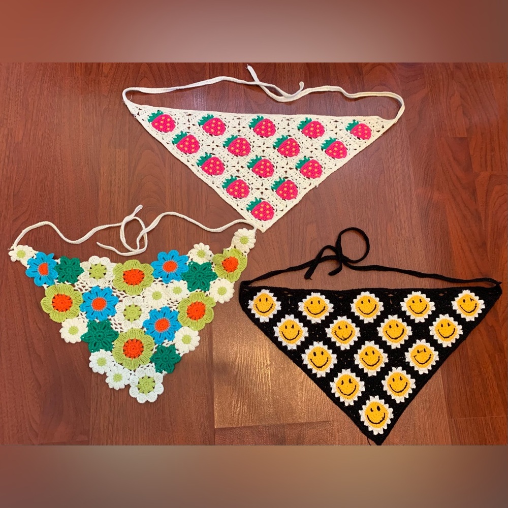 Crochet Bandana Bundle of 3-Strawberry, Smiley Face, Flower